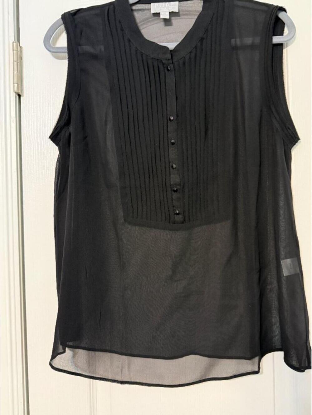PURE Collection Black 100% Silk Sleeveless Pintuck Blouse Size US 14/16